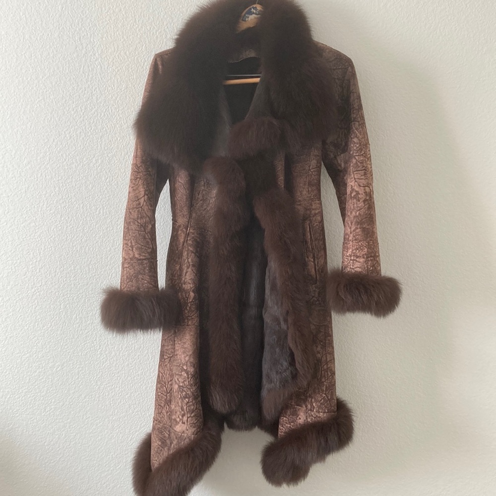 Leather fur coat woman